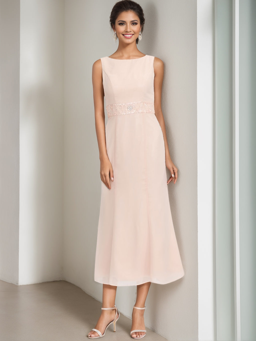 Sheath Column Jewel Neck Tea Length Mother Of The Bride Dresses With Jacket Beading