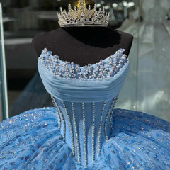 Misshow Sky Blue Beaded Ball Gown Strapless Sequined Tulle Quinceanera Dress for Sweet 16 & Princess Birthday Parties