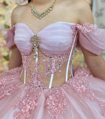 Misshow Exquisite Off-Shoulder Ball Gown Long Sleeve Lace Applique Pink Tulle Quinceanera Dress with Sweep Train for Sweet 16