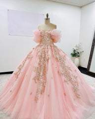 Misshow Off-Shoulder Ball Gown with Puff Sleeves Floral Appliques & Beaded Details Pink Tulle Quinceanera Dress for Sweet 16