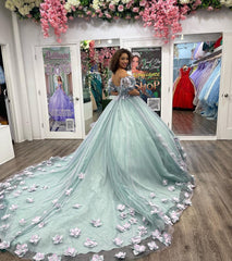 Misshow Off-Shoulder Ball Gown with Puff Sleeves 3D Floral Lace Appliques & Beaded Blue Tulle Perfect for Quinceanera & Sweet 16 Formal Events
