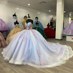 Misshow Exquisite Strapless Ball Gown with Floral Lace Appliques Sweep Train Tulle Quinceanera & Sweet 16 Evening Dress