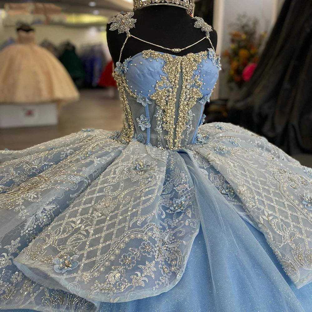 Misshow Exquisite Sky Blue Tulle Princess Ball Gown Strapless Sweet 16 & Quinceanera Dress with Floral Lace Appliques and Beading