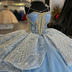 Misshow Exquisite Sky Blue Tulle Princess Ball Gown Strapless Sweet 16 & Quinceanera Dress with Floral Lace Appliques and Beading