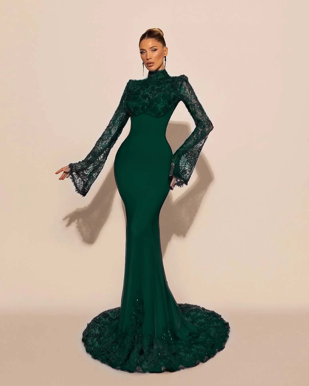 High Neck Lace Long Sleeves Long Mermaid Formal Dress With Pleated