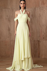 Halter Off the Shoulder Sleeveless Long Formal Dress With Ruffles
