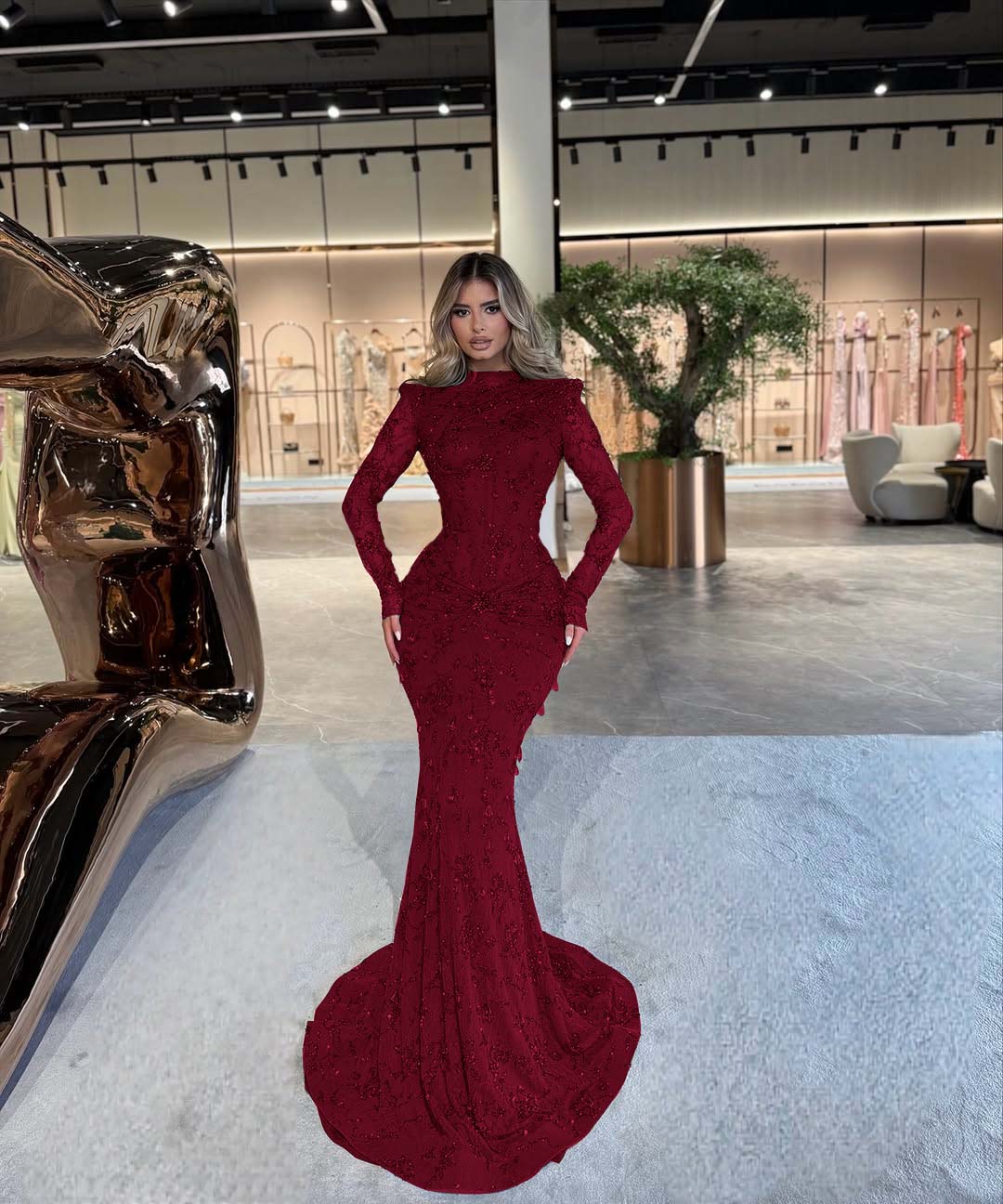 High Neck Long Sleeves Long Mermaid Formal Dress With Beading Pleated