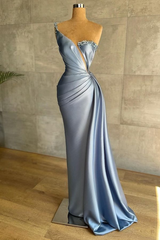 One Shoulder Sleeveless Mermaid Split Long Formal Dress With Beading