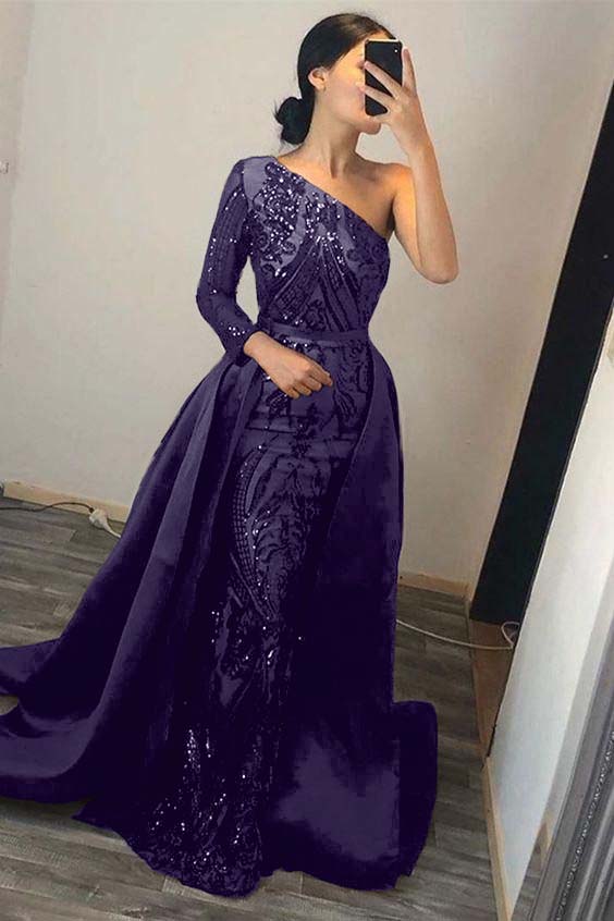 Dark Green Overskirt One Shoulder Long Sleeve Mermaid Formal Dress With Sequins