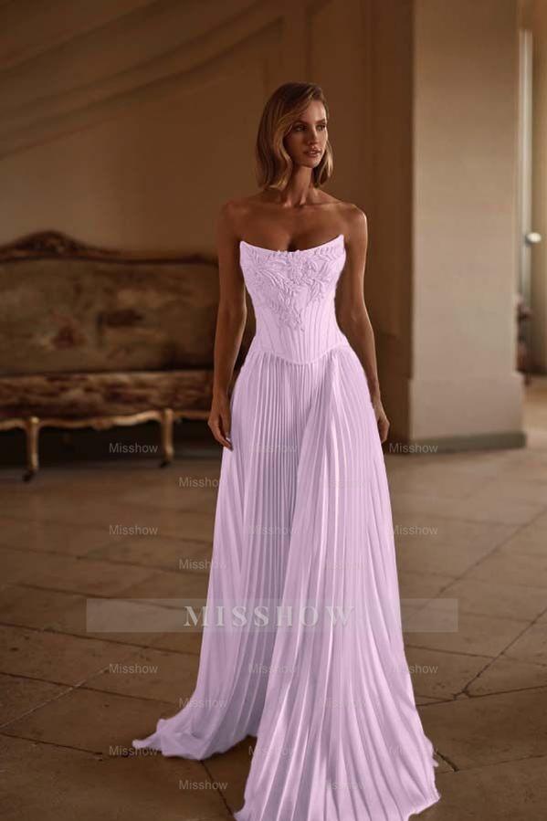 Strapless Sleeveless Long Formal Dress With Appliques Pleated