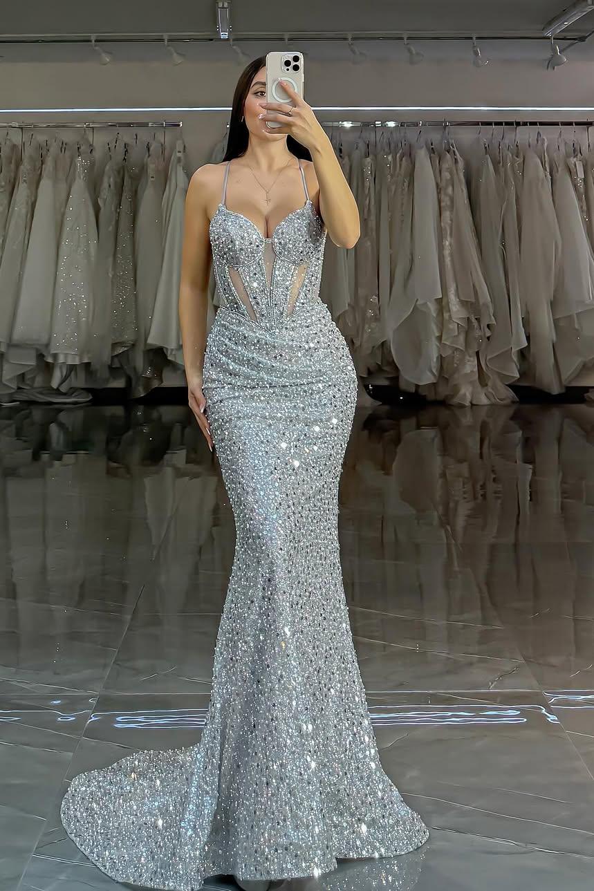 Spaghetti Strap Sleeveless Long Mermaid Formal Dress With Sequins