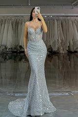 Spaghetti Strap Sleeveless Long Mermaid Formal Dress With Sequins