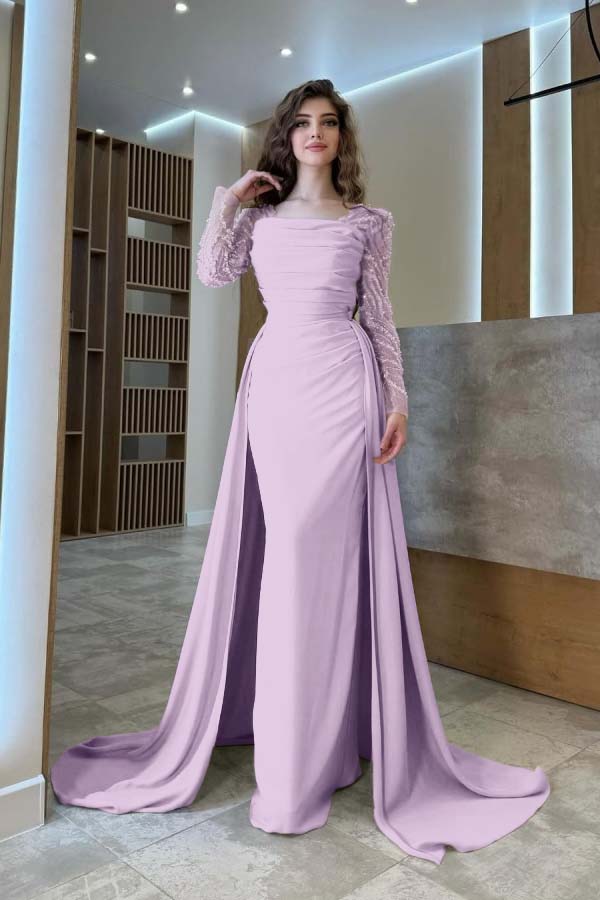 Long Sleeves Square Neck Long Mermaid Formal Dress With Pleated