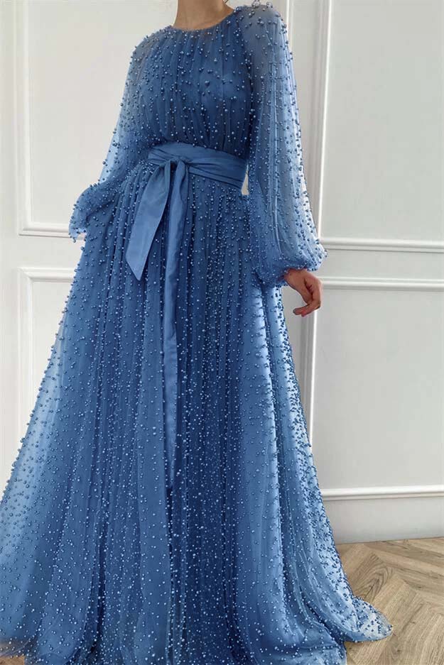 Long Sleeves Long Jewel Neck Formal Dress With Pleated Beading