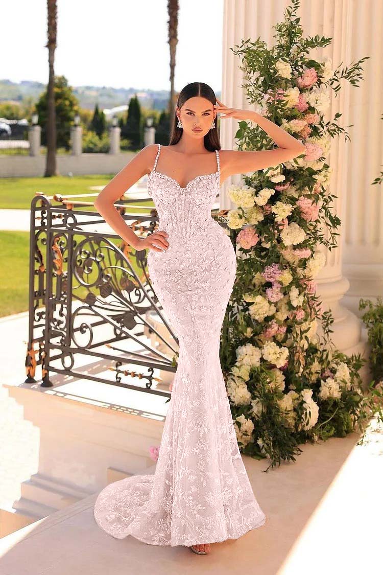 Spaghetti Strap Sleeveless Mermaid Appliques Long Formal Dress With Beadings