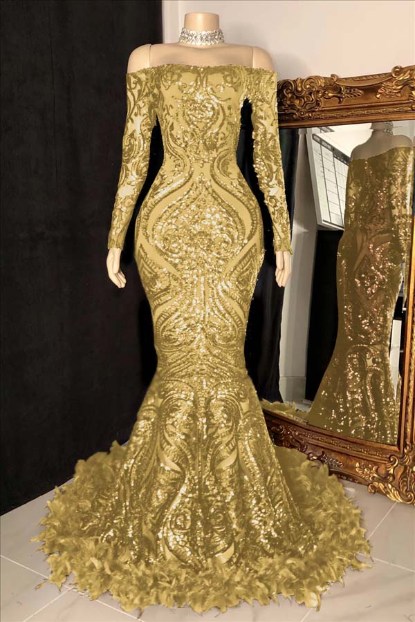 Long Sleeves Strapless Mermaid Formal Dress Sequins Burgundy With Feather