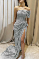 One Shoulder Sleeveless Long Mermaid Formal Dress With Split Pleated