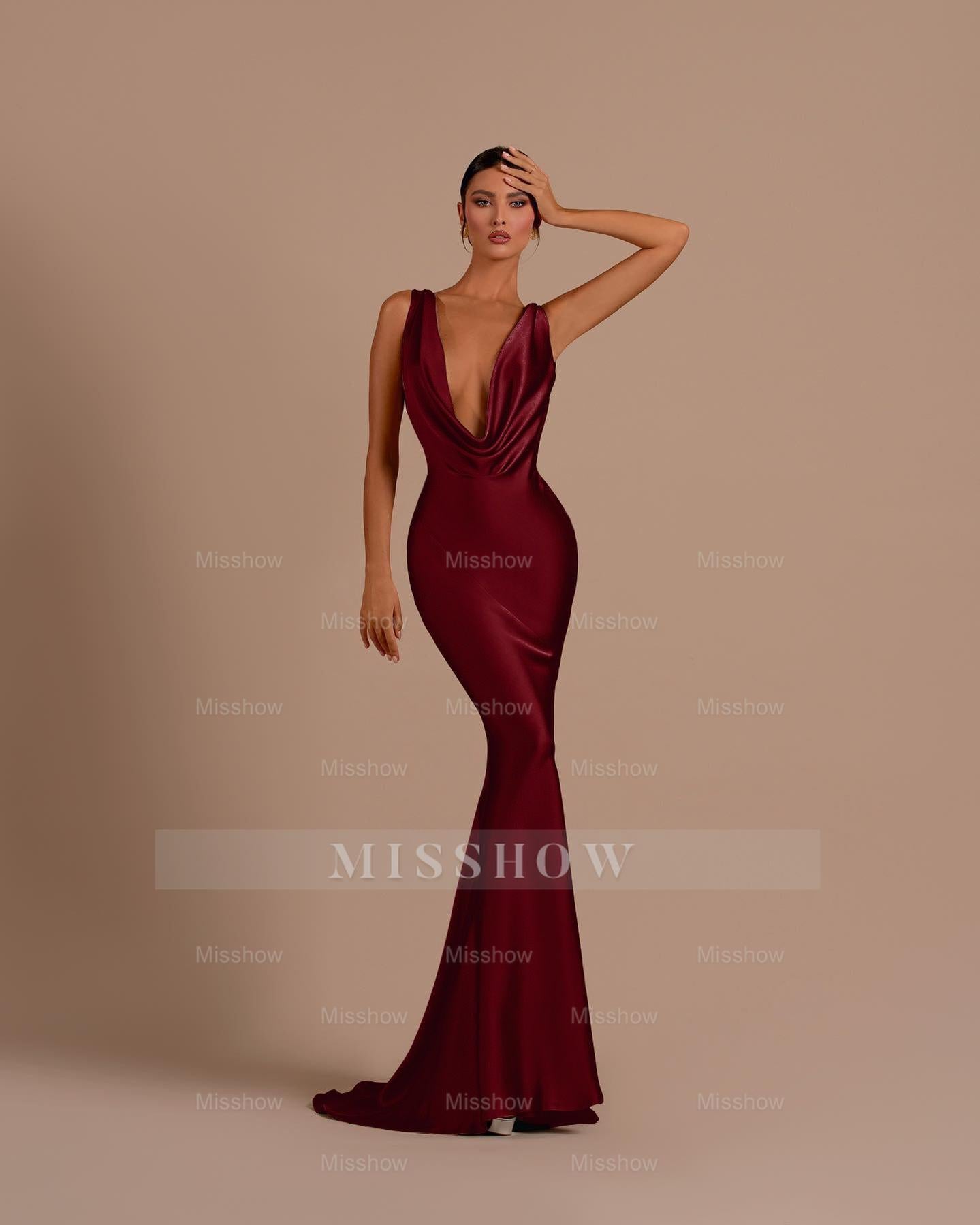 Black Deep V Neck Sleeveless Mermaid Long Formal Dress With Pleated