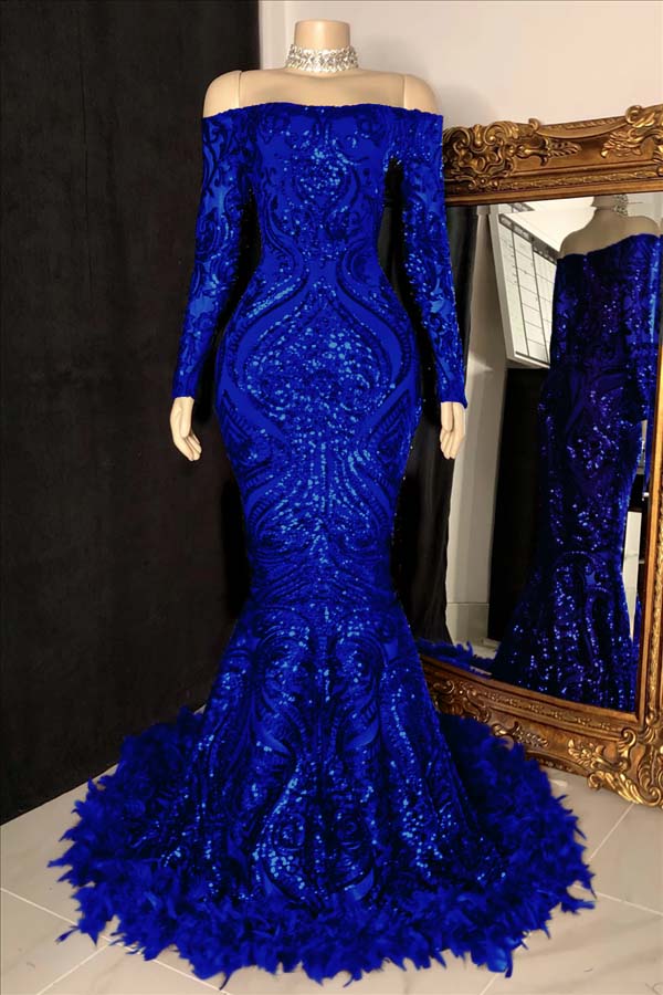 Long Sleeves Strapless Mermaid Formal Dress Sequins Burgundy With Feather