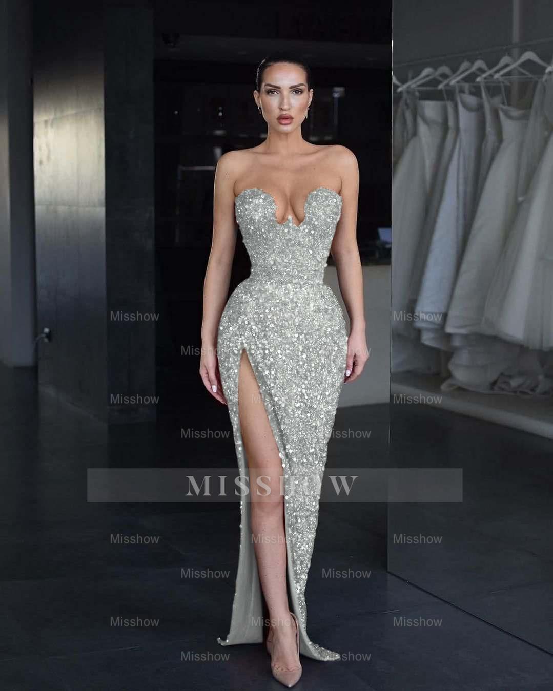Strapless Sleeveless Long Mermaid Split Formal Dress With Sequins