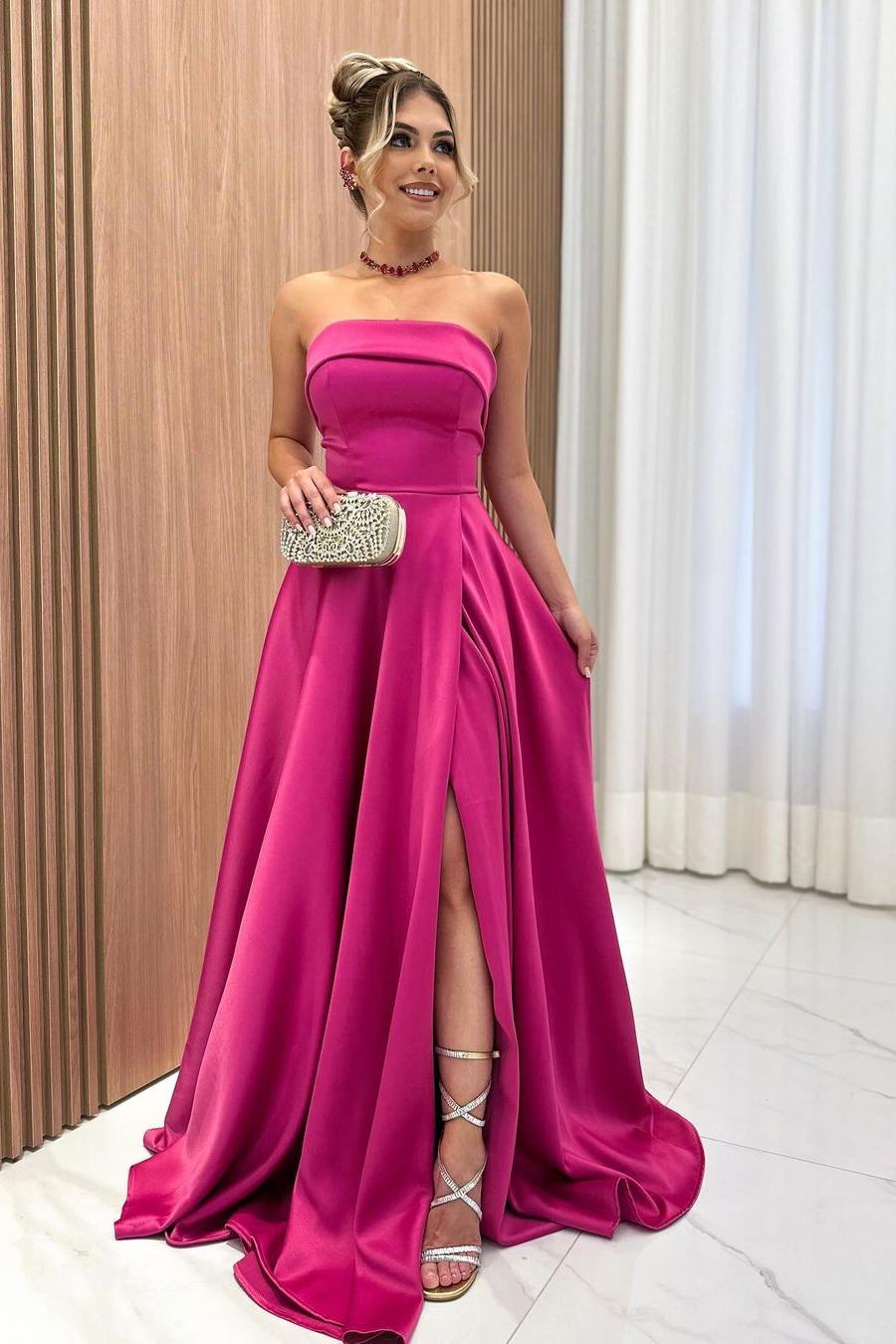 Chic Strapless Sleeveless A Line Long Formal Dress With Front Split