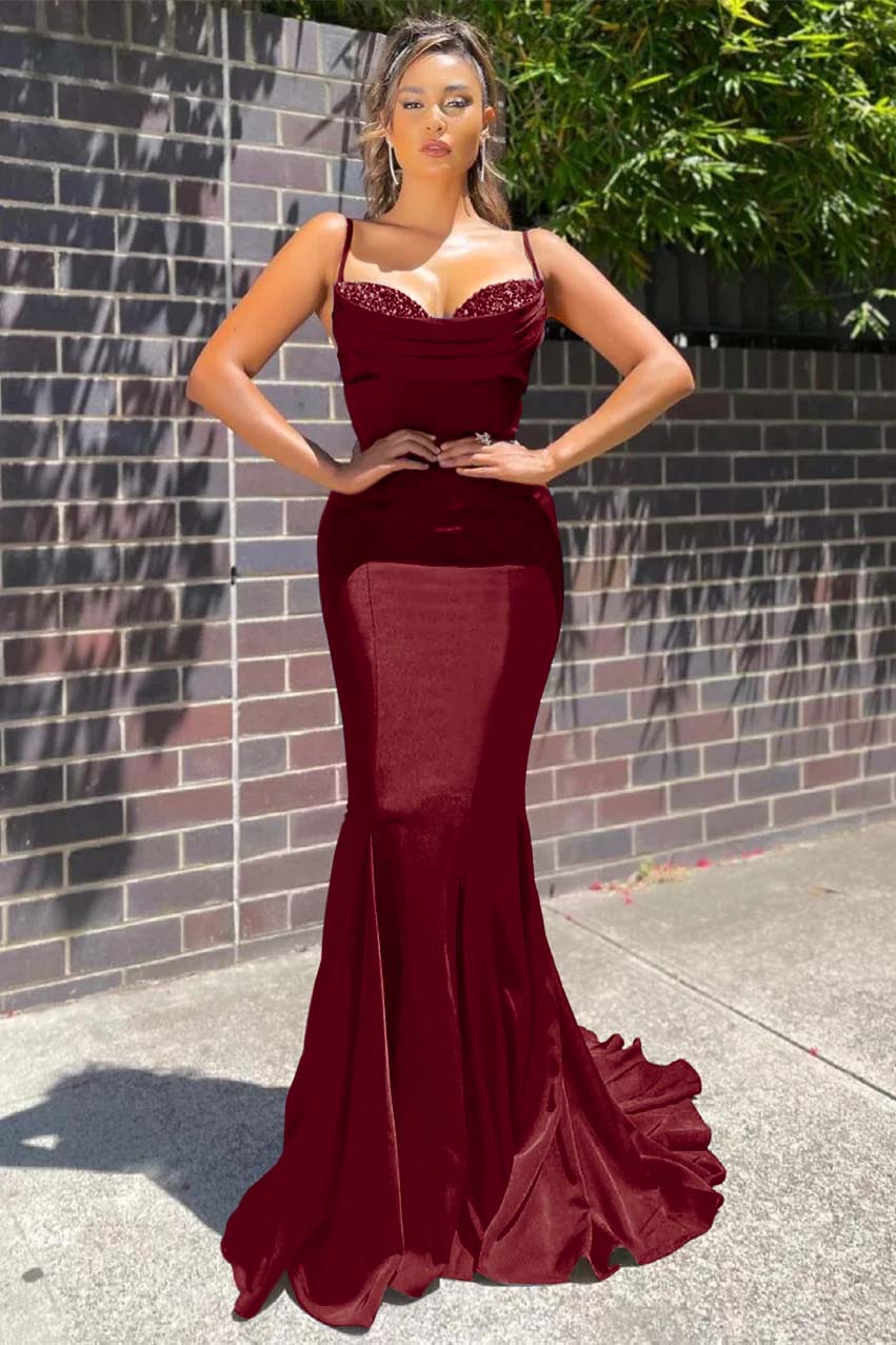Long Spaghetti Strap Sleeveless Mermaid Ruffles Formal Dress With Beadings