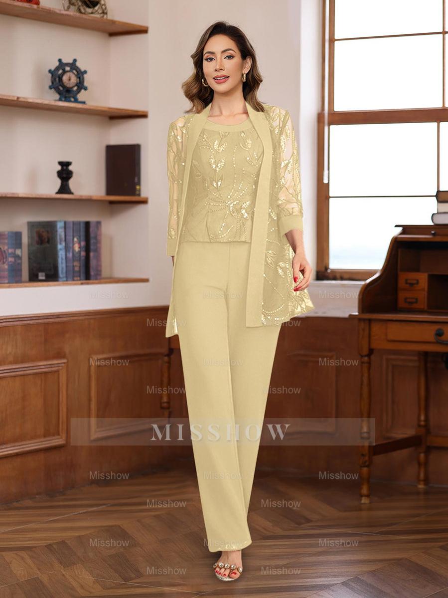 3-Piece Floor-Length Chiffon Pantsuits with Sequins for the Mother of the Bride