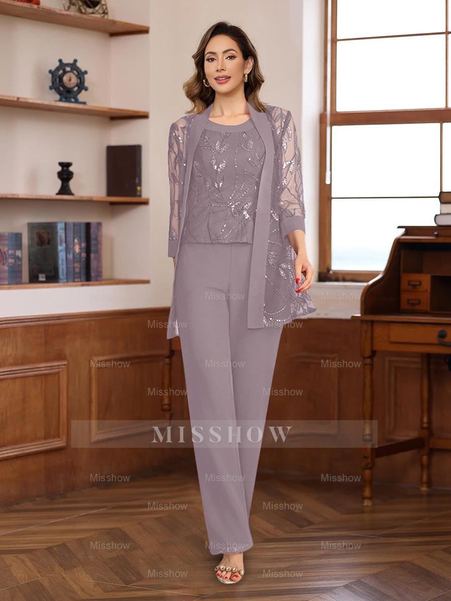 3-Piece Floor-Length Chiffon Pantsuits with Sequins for the Mother of the Bride