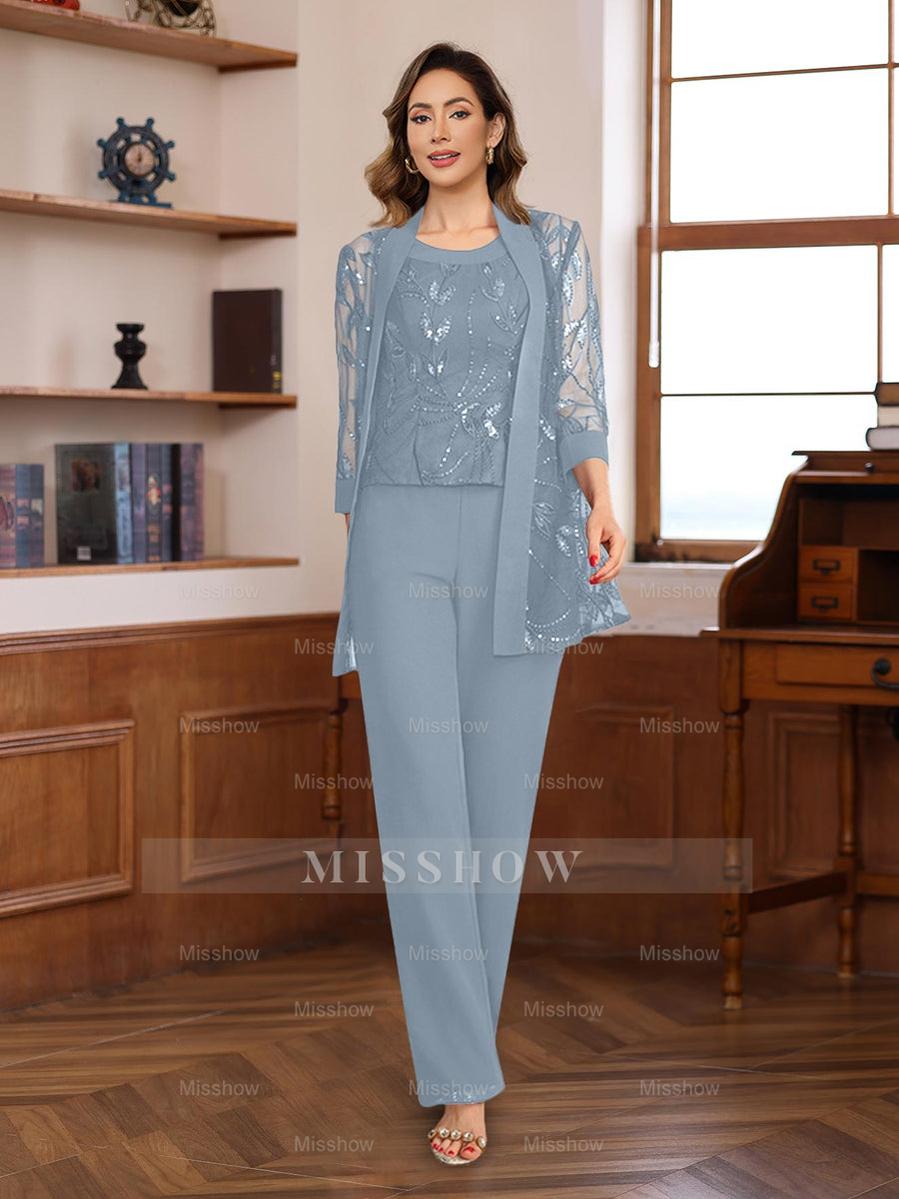 3-Piece Floor-Length Chiffon Pantsuits with Sequins for the Mother of the Bride