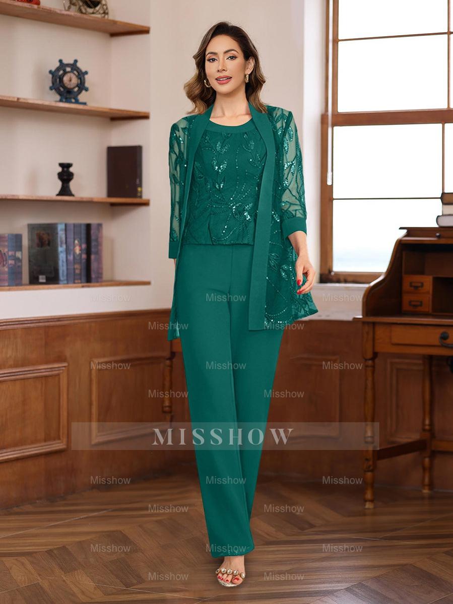 3-Piece Floor-Length Chiffon Pantsuits with Sequins for the Mother of the Bride