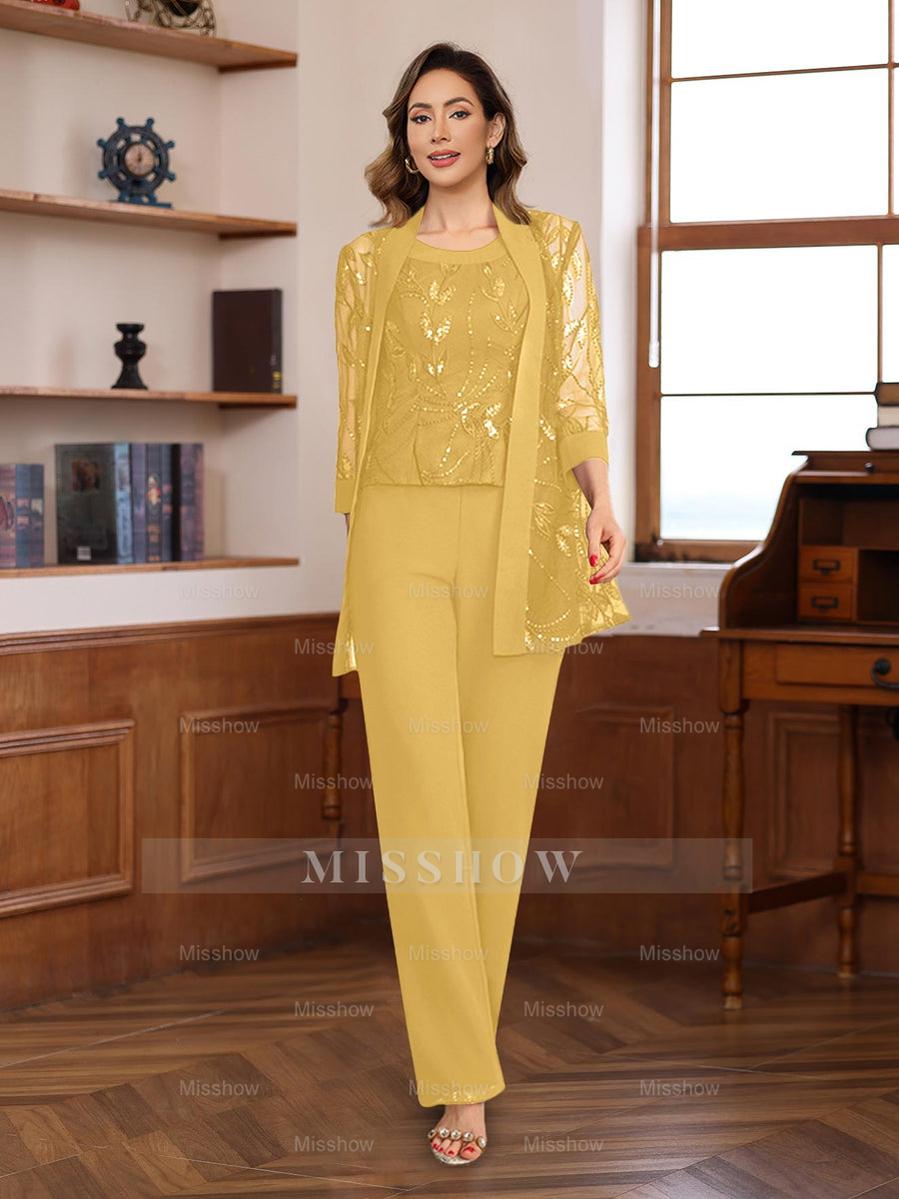 3-Piece Floor-Length Chiffon Pantsuits with Sequins for the Mother of the Bride