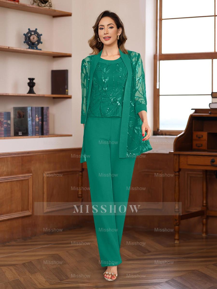 3-Piece Floor-Length Chiffon Pantsuits with Sequins for the Mother of the Bride