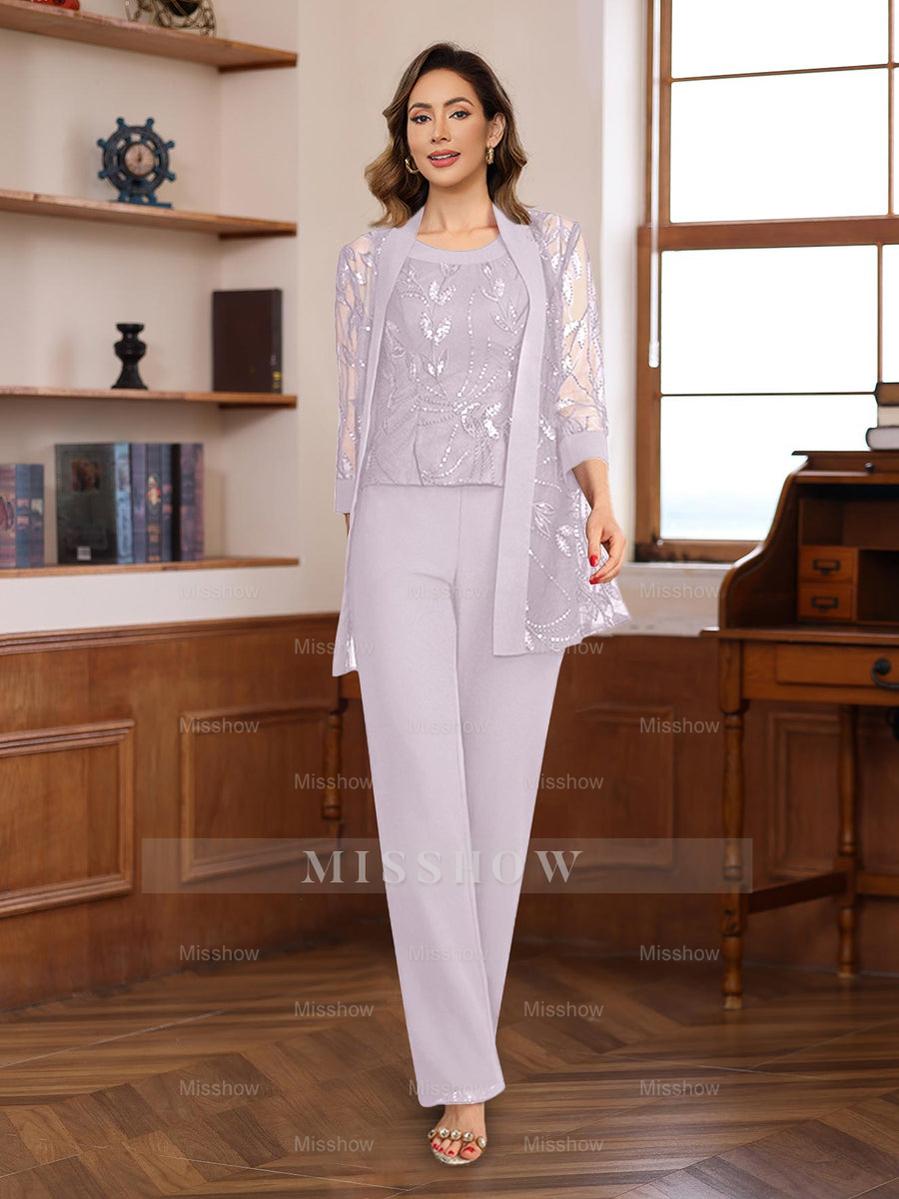 3-Piece Floor-Length Chiffon Pantsuits with Sequins for the Mother of the Bride
