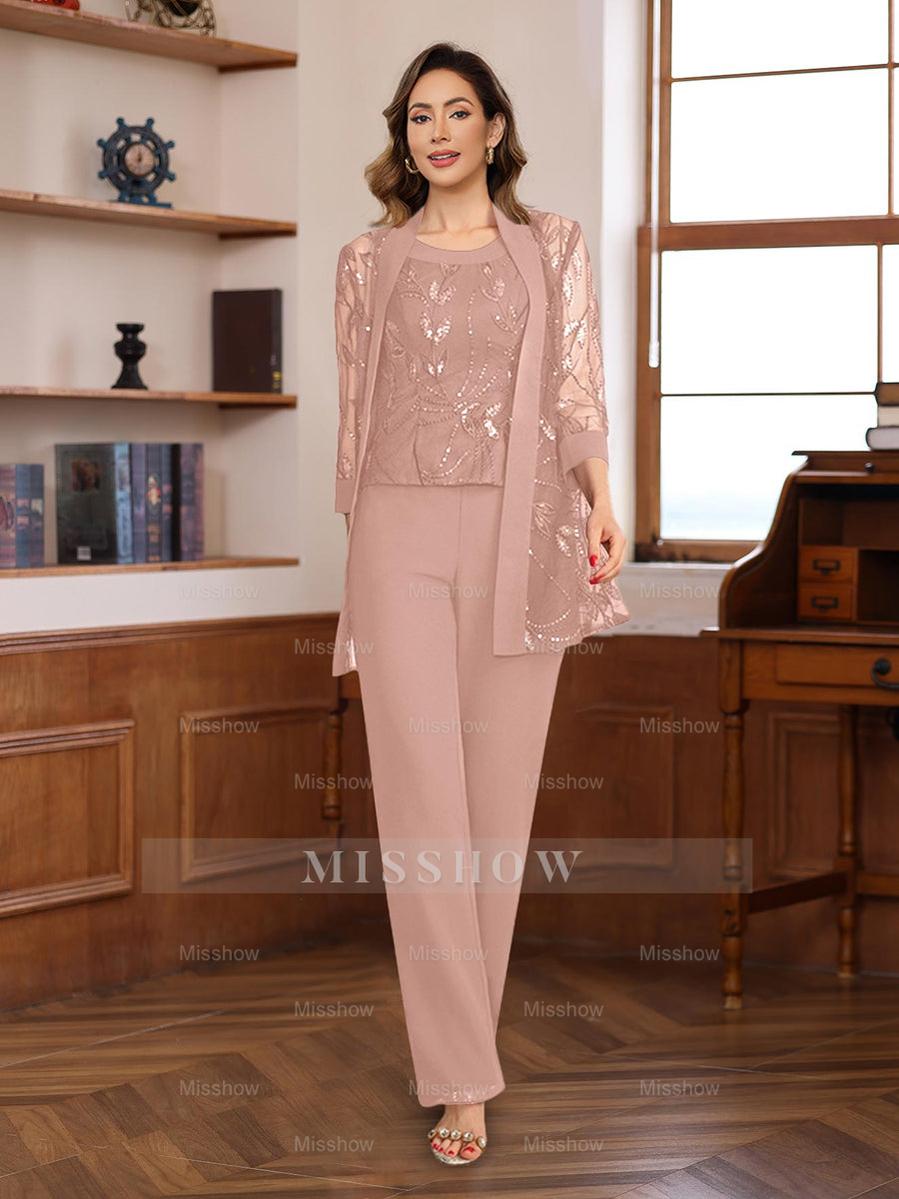 3-Piece Floor-Length Chiffon Pantsuits with Sequins for the Mother of the Bride