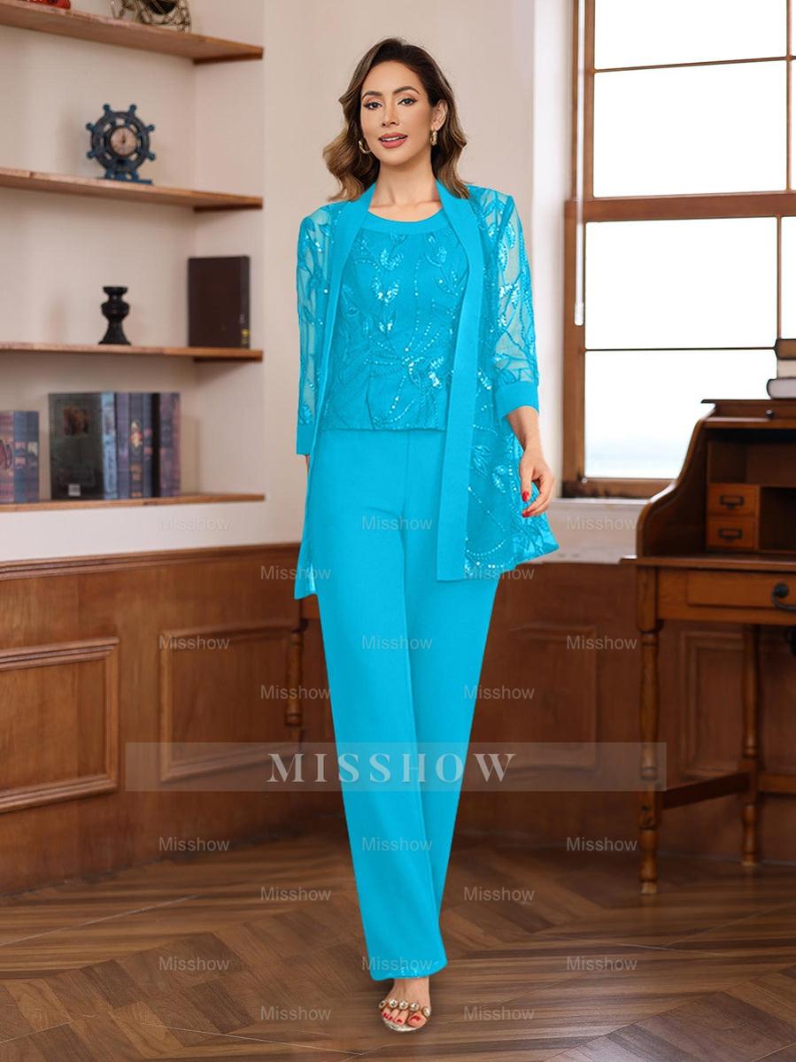 3-Piece Floor-Length Chiffon Pantsuits with Sequins for the Mother of the Bride