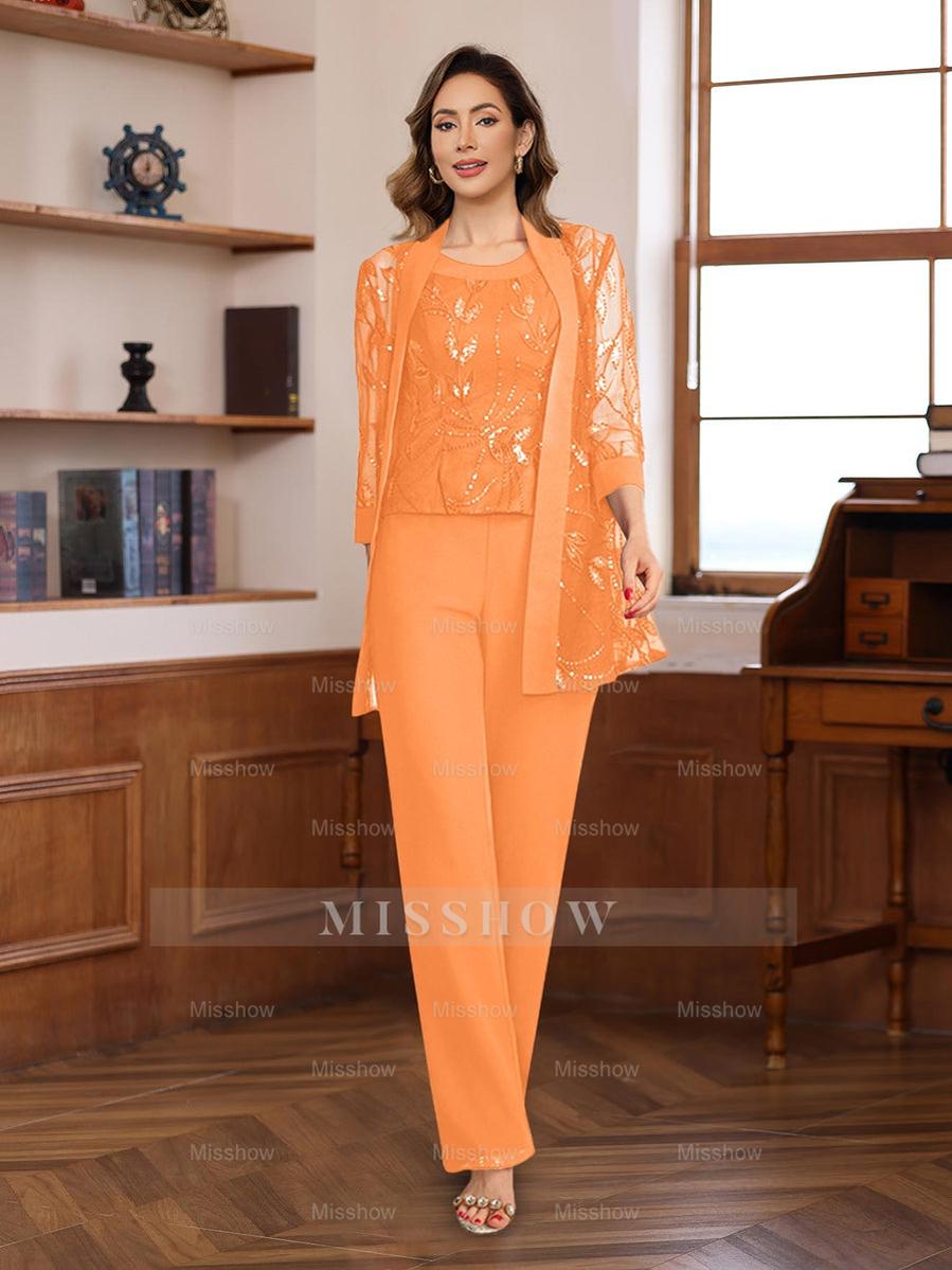 3-Piece Floor-Length Chiffon Pantsuits with Sequins for the Mother of the Bride