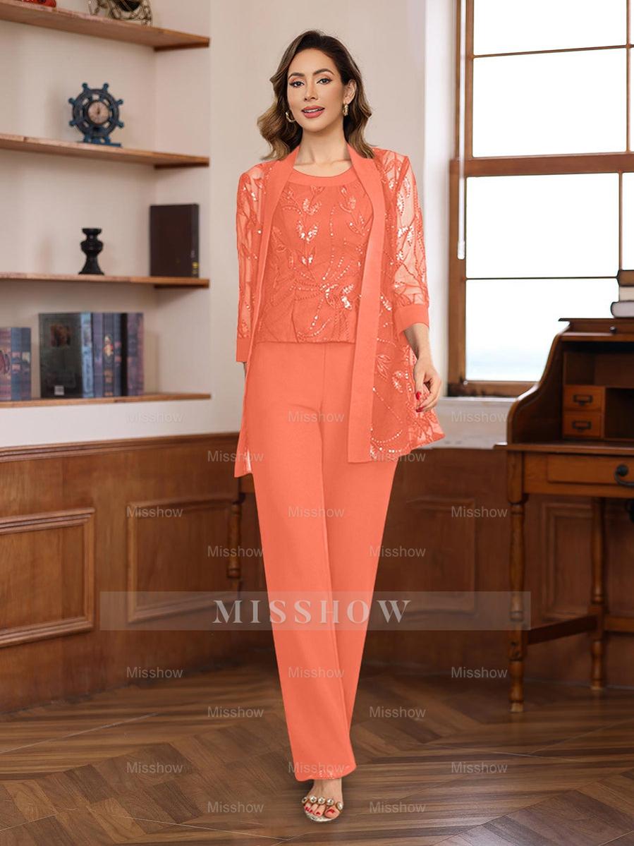 3-Piece Floor-Length Chiffon Pantsuits with Sequins for the Mother of the Bride
