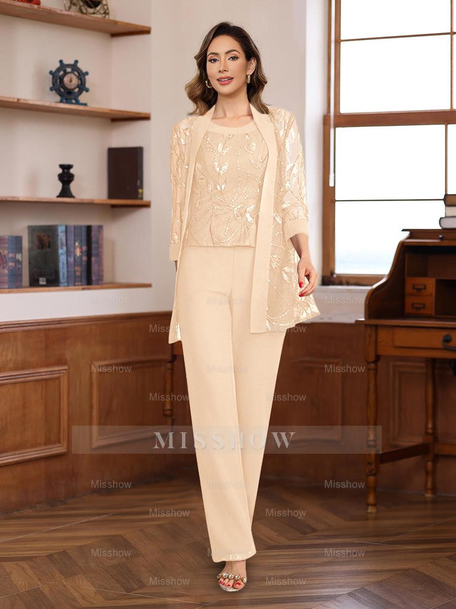 3-Piece Floor-Length Chiffon Pantsuits with Sequins for the Mother of the Bride