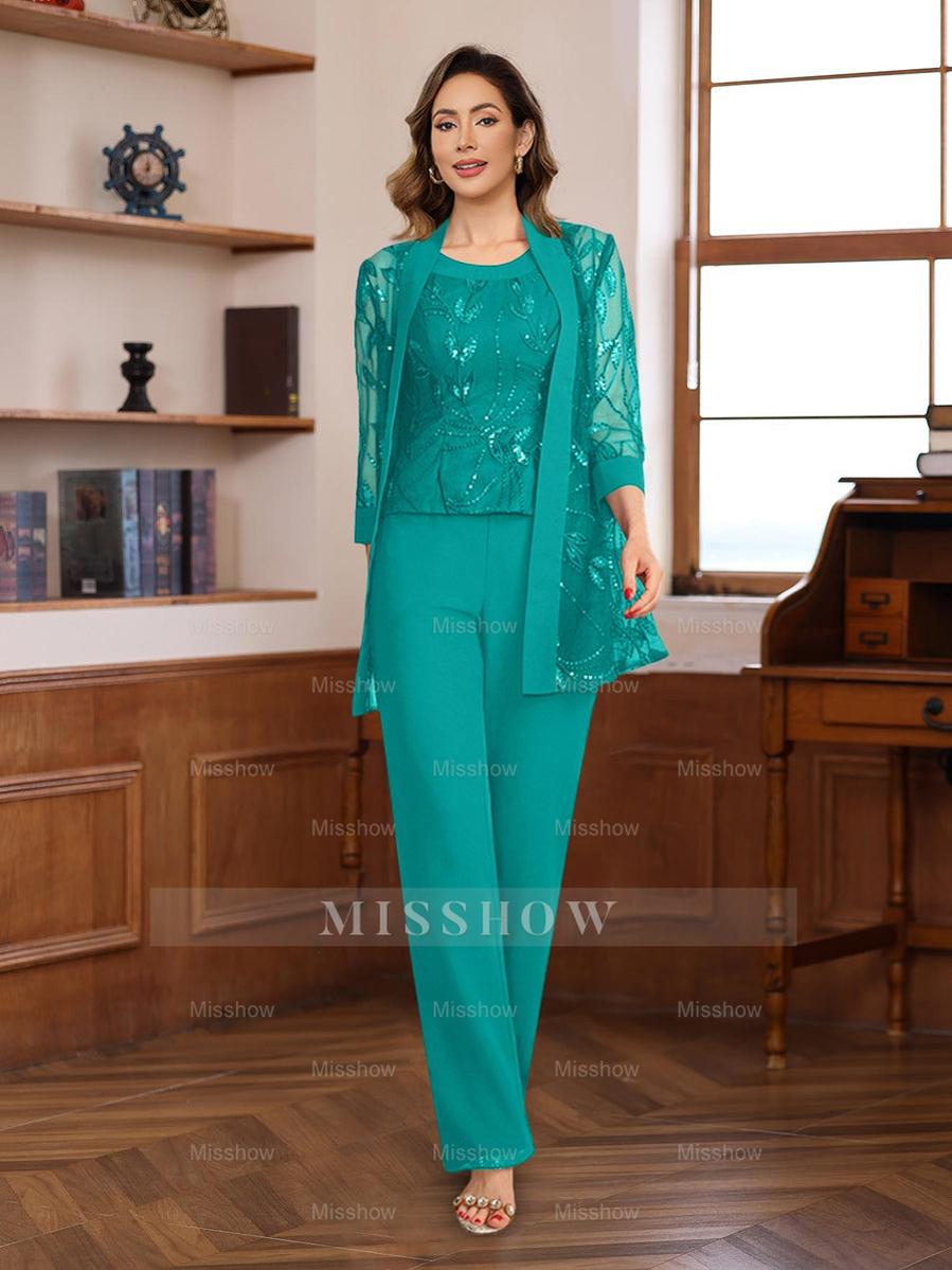 3-Piece Floor-Length Chiffon Pantsuits with Sequins for the Mother of the Bride