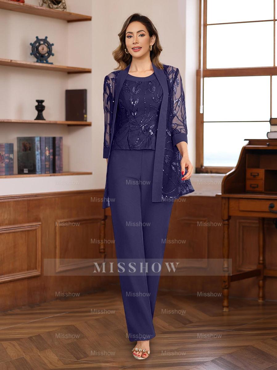 3-Piece Floor-Length Chiffon Pantsuits with Sequins for the Mother of the Bride
