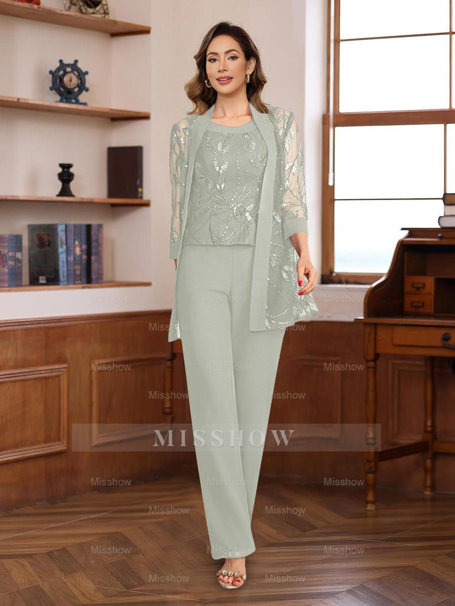3-Piece Floor-Length Chiffon Pantsuits with Sequins for the Mother of the Bride