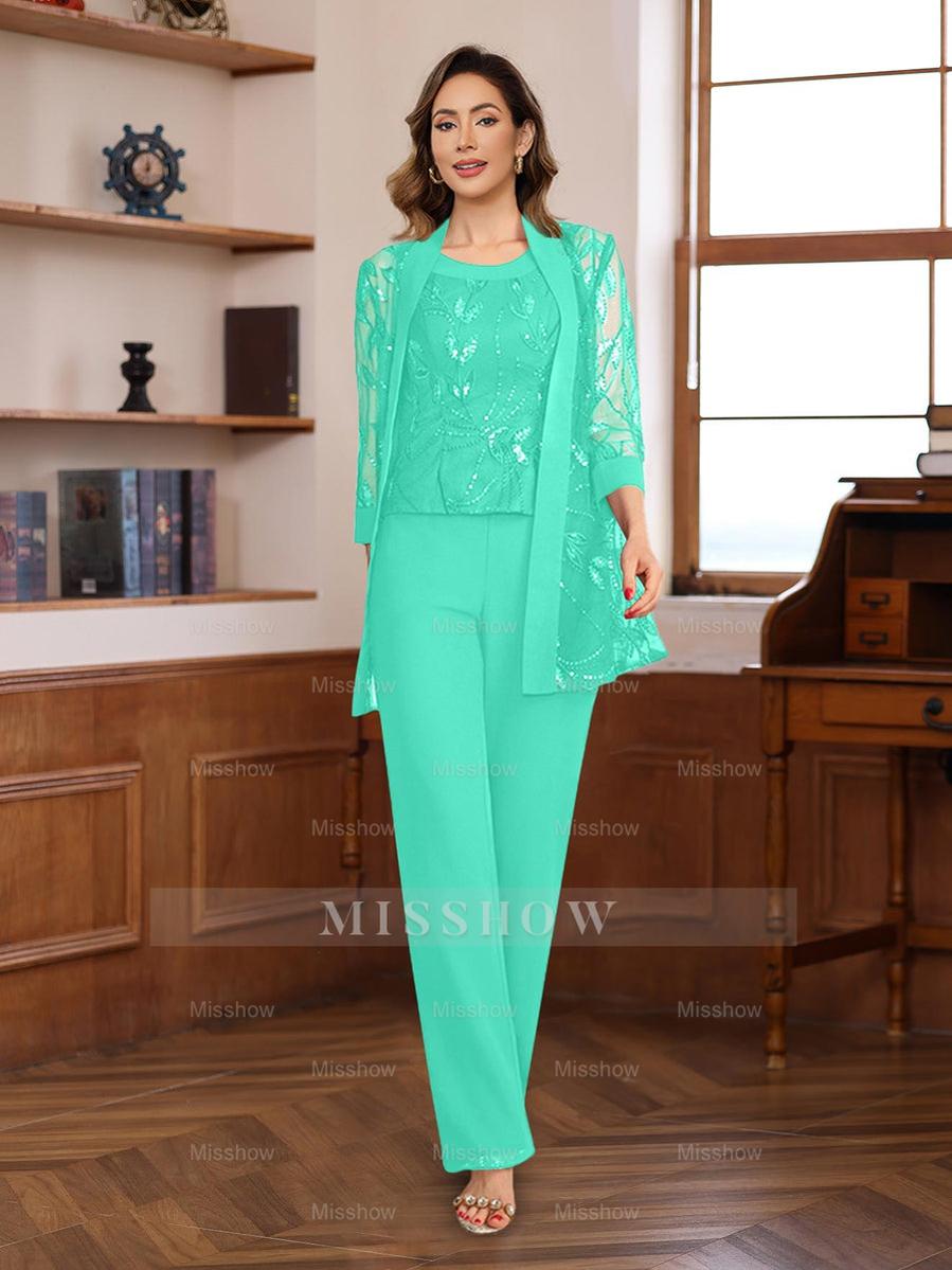 3-Piece Floor-Length Chiffon Pantsuits with Sequins for the Mother of the Bride