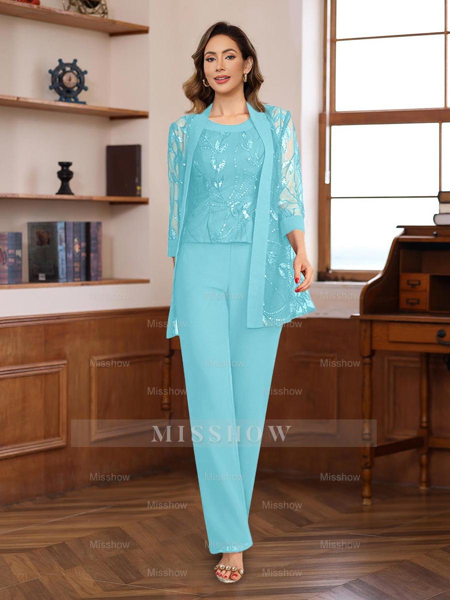3-Piece Floor-Length Chiffon Pantsuits with Sequins for the Mother of the Bride