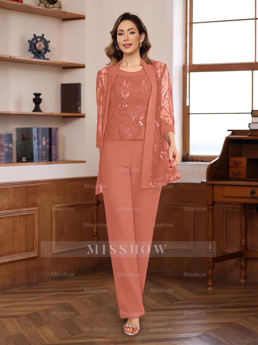 3-Piece Floor-Length Chiffon Pantsuits with Sequins for the Mother of the Bride