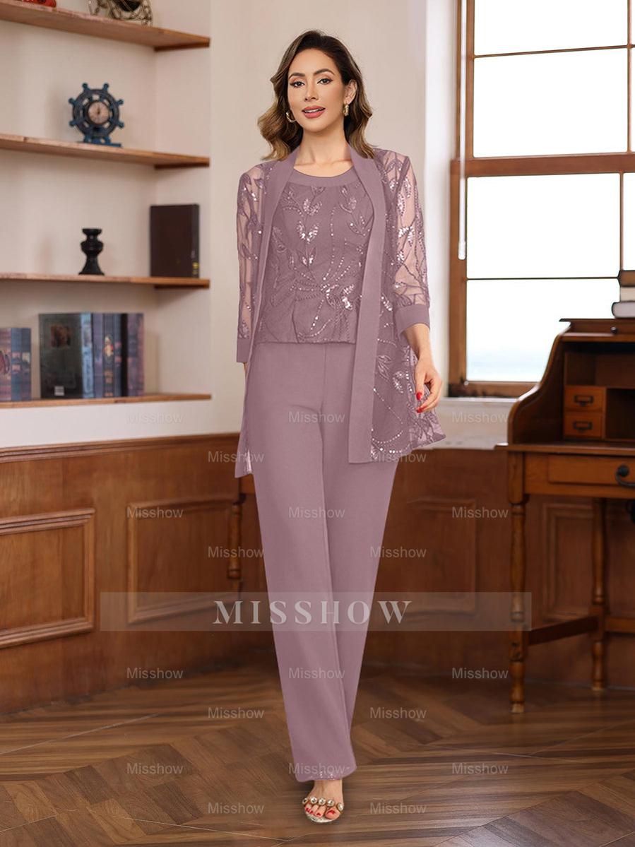 3-Piece Floor-Length Chiffon Pantsuits with Sequins for the Mother of the Bride