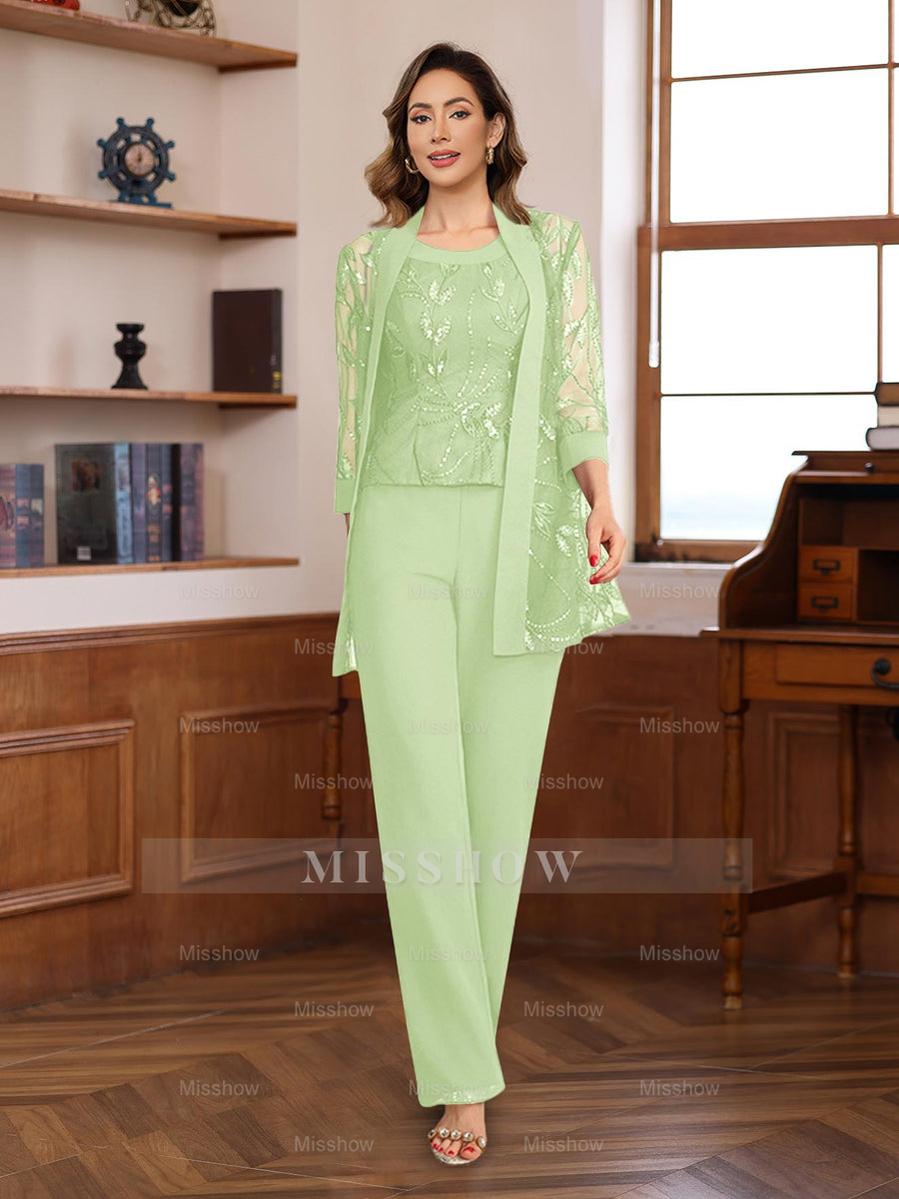 3-Piece Floor-Length Chiffon Pantsuits with Sequins for the Mother of the Bride