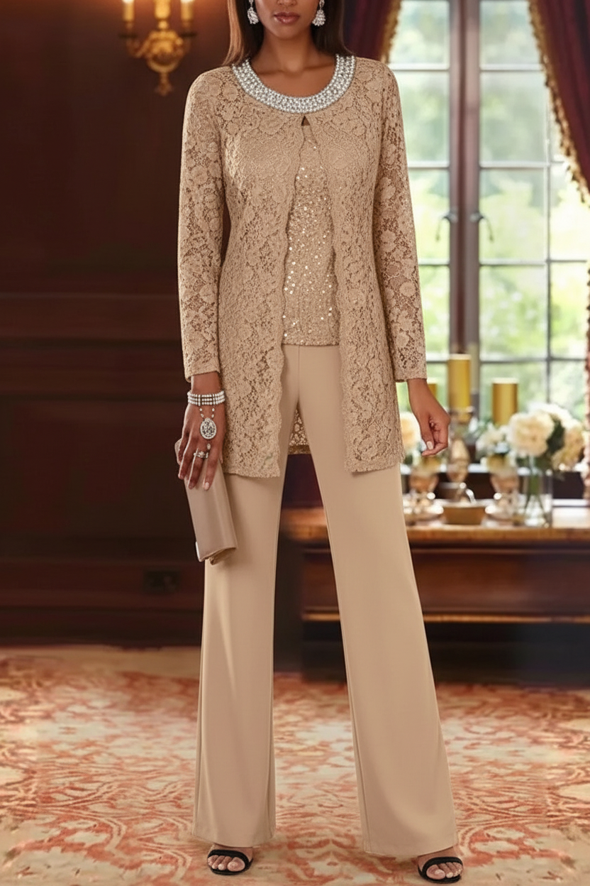 3 Pieces Chiffon Jewel Neck Mother of the Bride Pantsuits with Jacket Lace Ankle-Length Half Sleeves