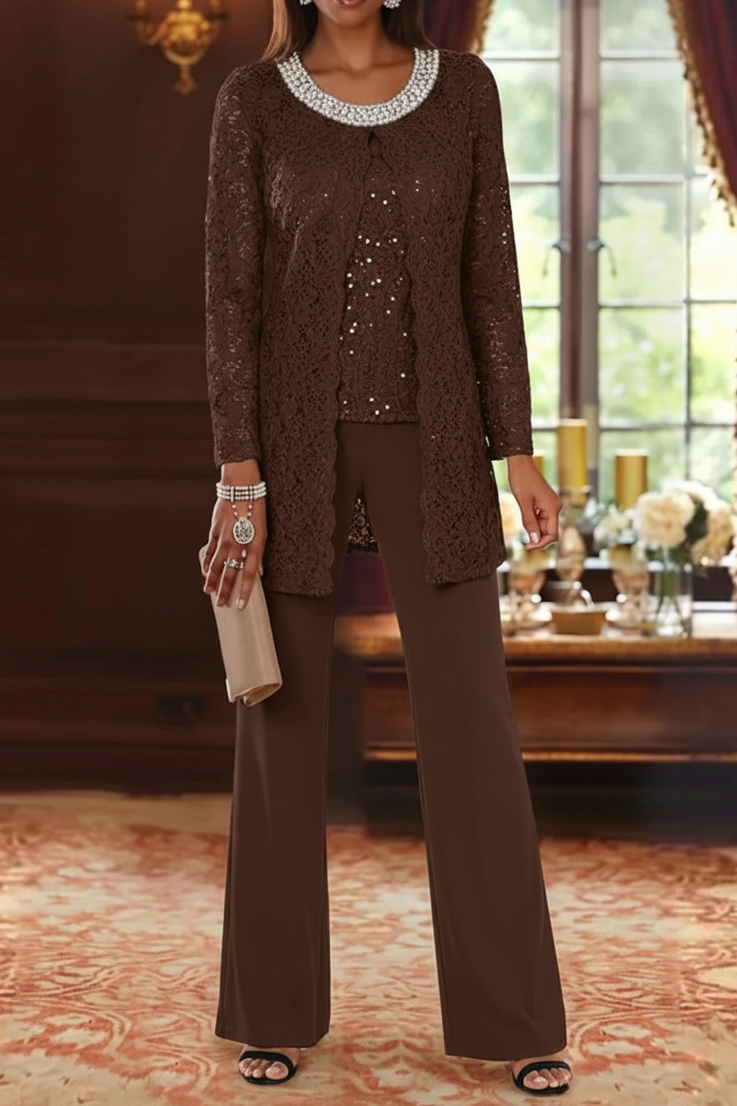 3 Pieces Chiffon Jewel Neck Mother of the Bride Pantsuits with Jacket Lace Ankle-Length Half Sleeves