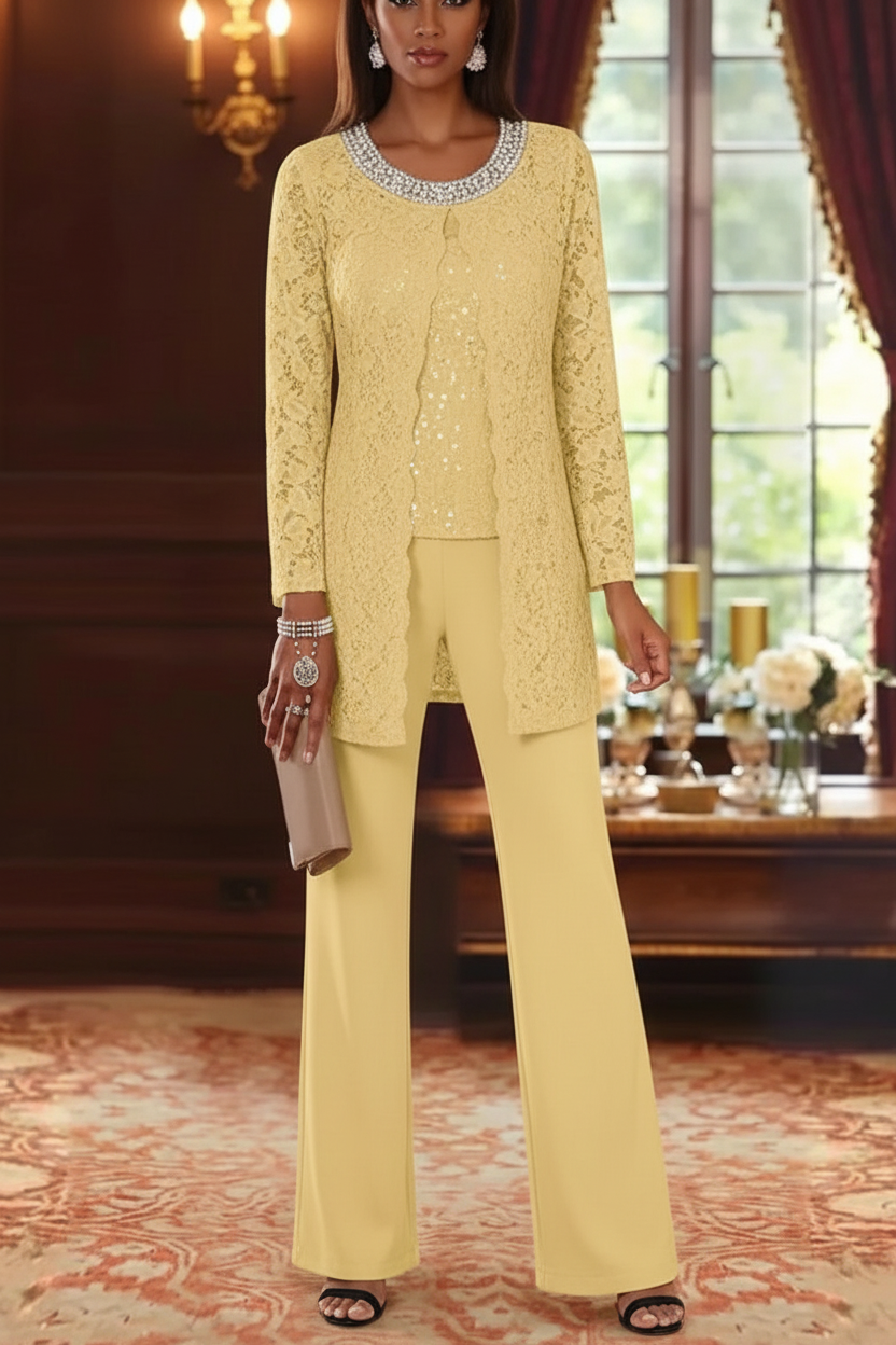 3 Pieces Chiffon Jewel Neck Mother of the Bride Pantsuits with Jacket Lace Ankle-Length Half Sleeves
