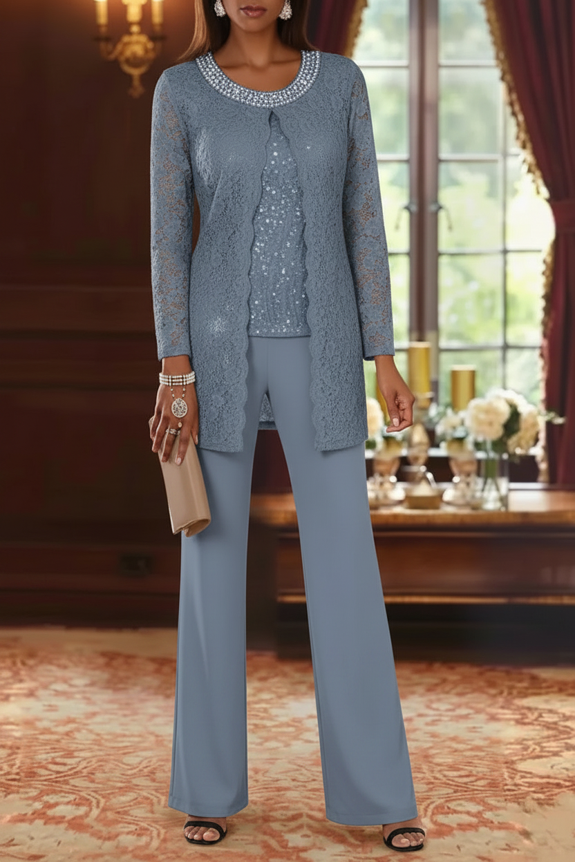 3 Pieces Chiffon Jewel Neck Mother of the Bride Pantsuits with Jacket Lace Ankle-Length Half Sleeves